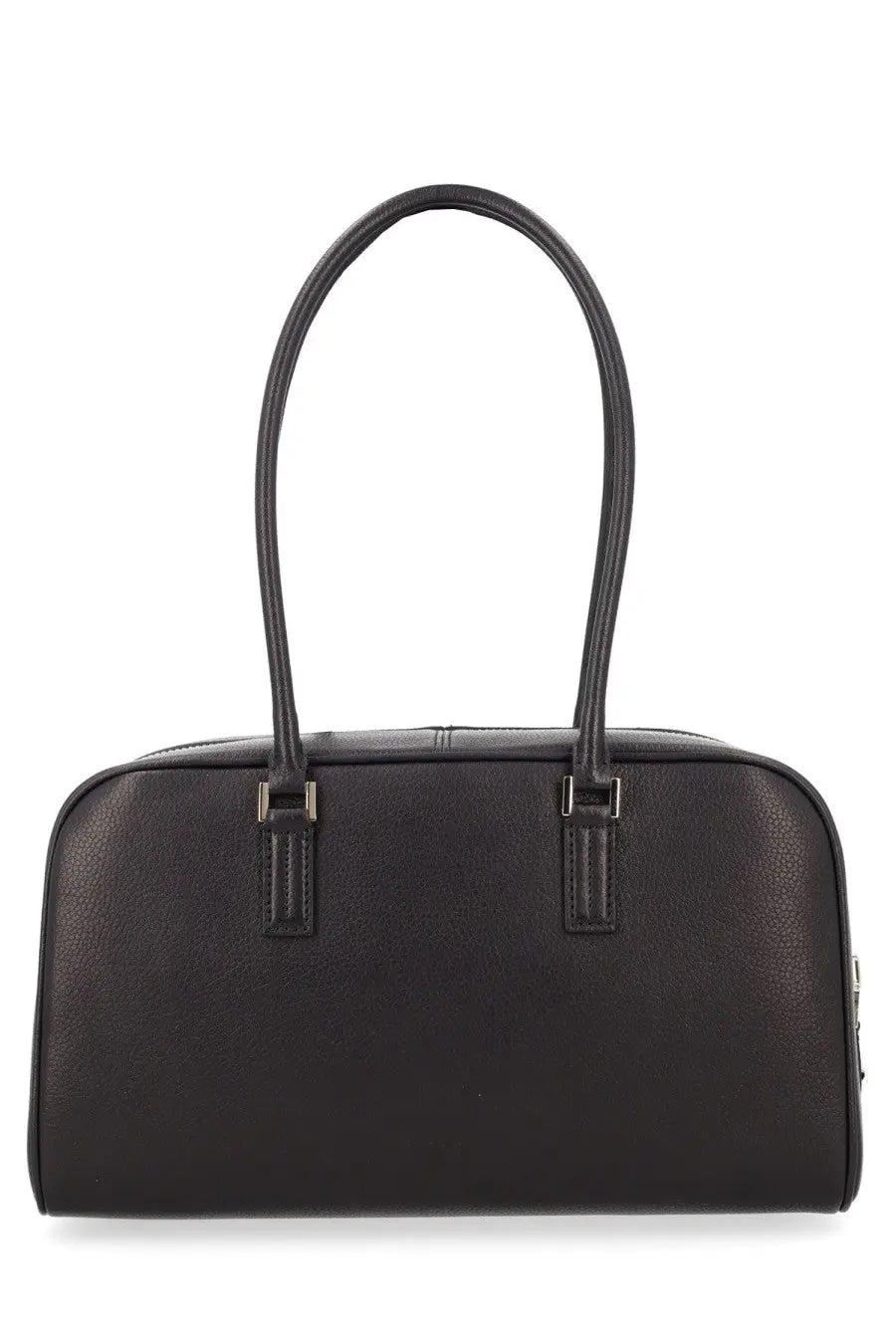 Tom Ford women’s small leather bag in black with curved top handles and silver-toned metal hardware