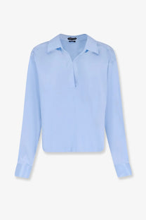 Tom Ford women’s stretch satin shirt grey in light blue with long sleeves classic collar and subtle front pleats