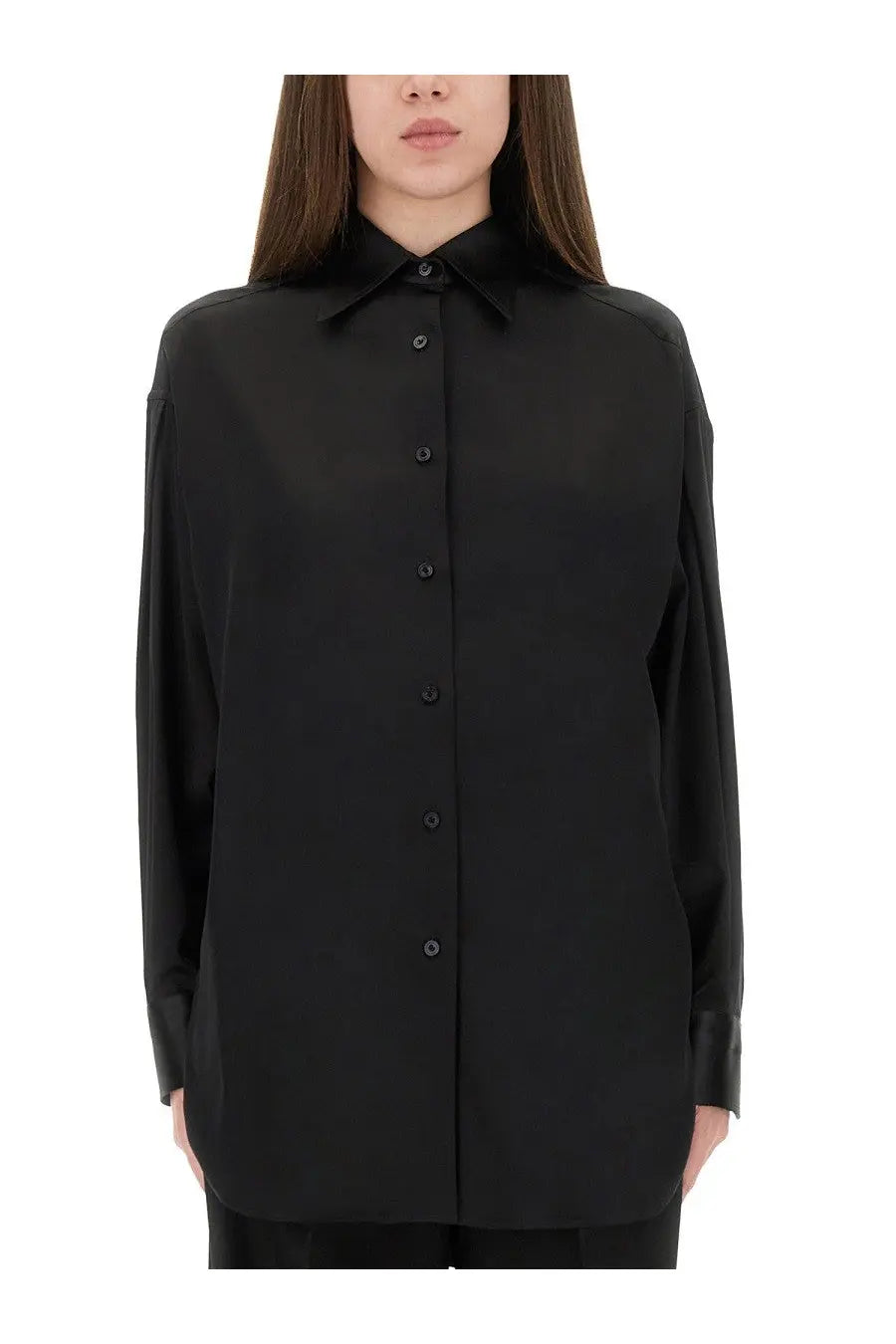 Tom Ford women’s black stretch silk satin blouse with classic collar and button-down front for elegant wear
