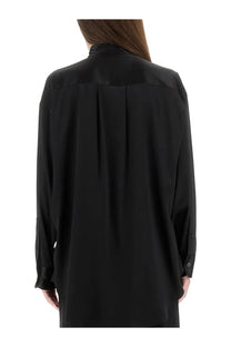 Tom Ford women’s black stretch silk satin blouse with high collar and long sleeves visible from the front