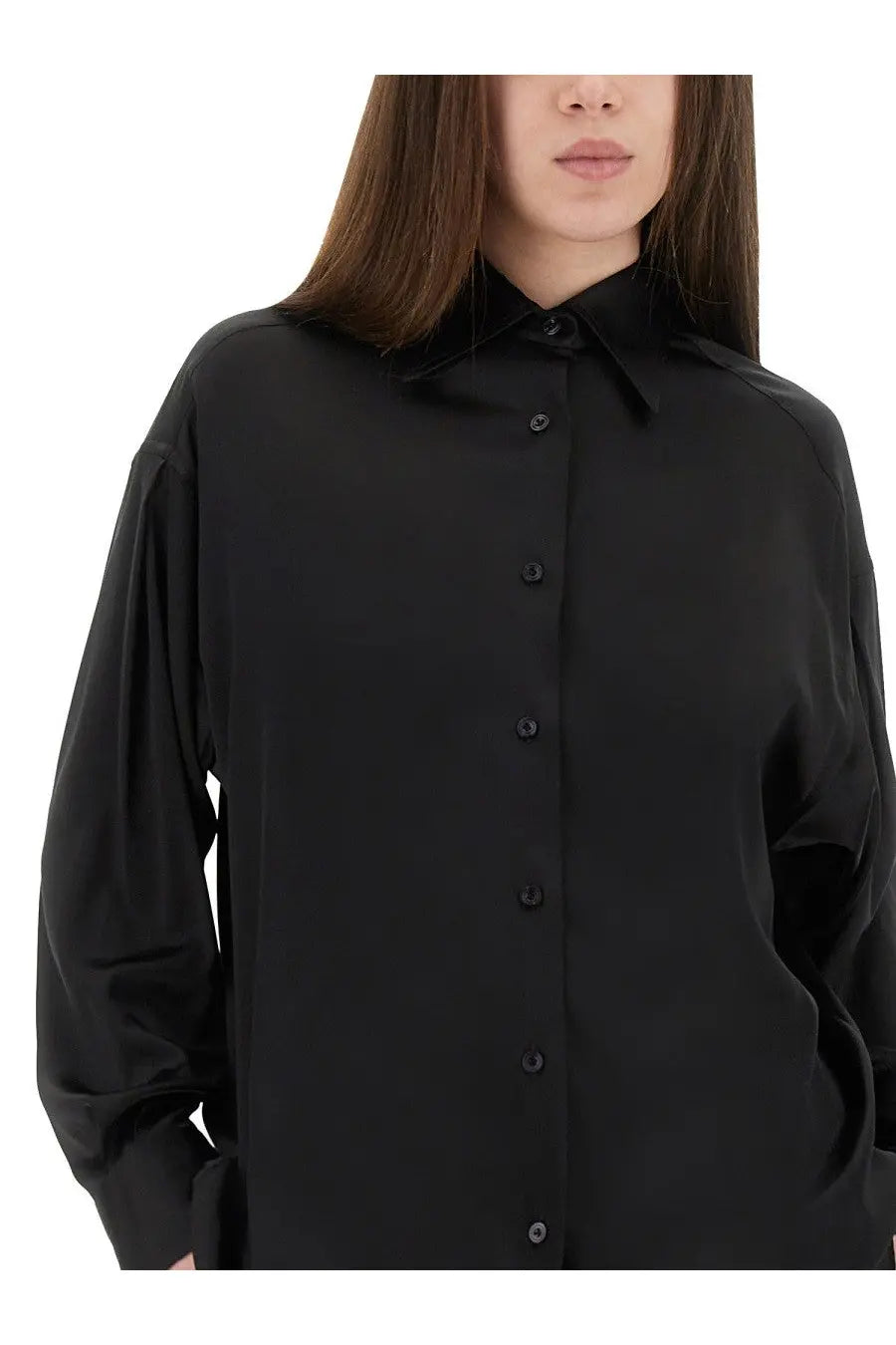 Tom Ford women’s stretch silk satin shirt in black with a classic collar and long sleeves