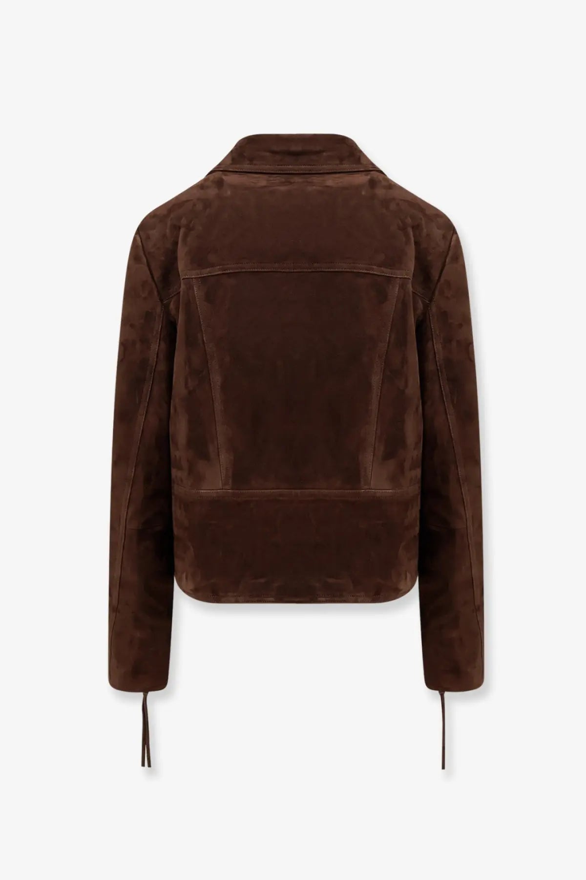 Tom Ford women’s brown suede biker jacket with classic collar and drawstring cuffs in moto style