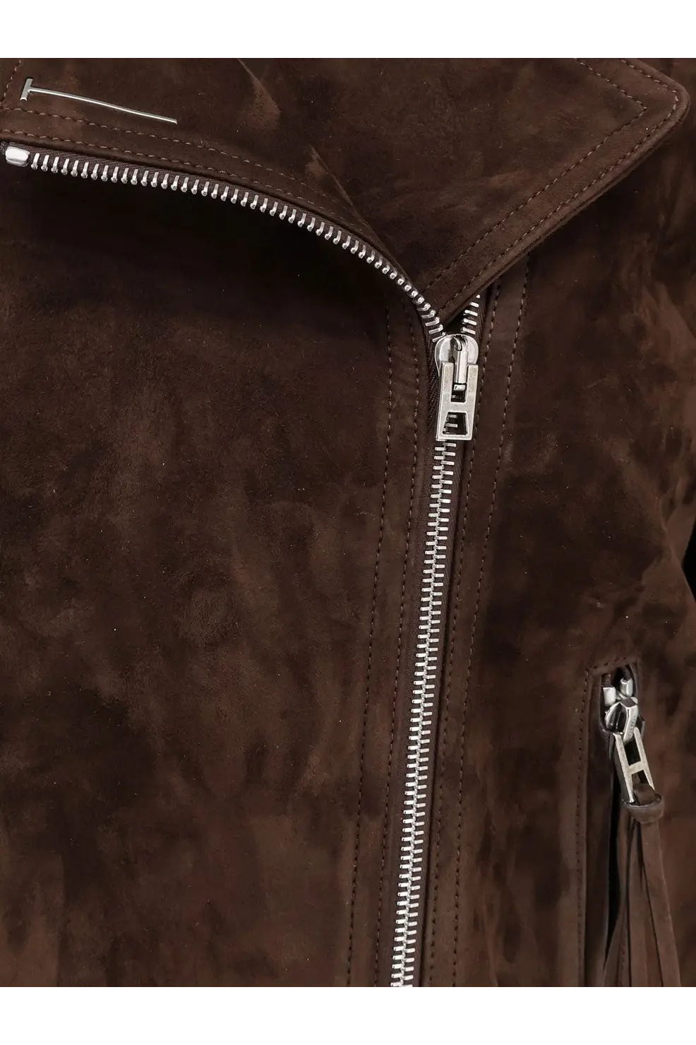 Tom Ford women’s suede biker jacket in brown with silver zippers and subtle logo detail on the collar