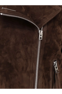Tom Ford women’s suede biker jacket in brown with silver zippers and subtle logo detail on the collar