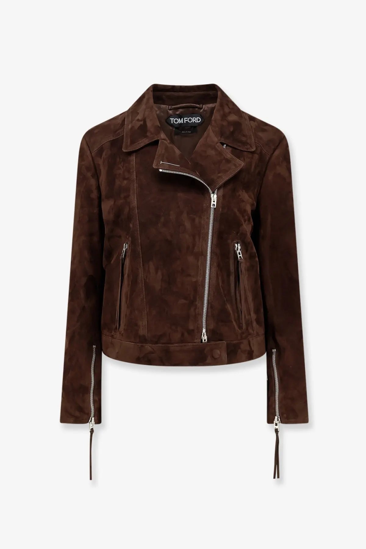 Tom Ford women’s brown suede biker jacket with silver zippers and tassel details for a stylish moto look
