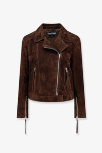 Tom Ford women’s brown suede biker jacket with silver zippers and tassel details for a stylish moto look