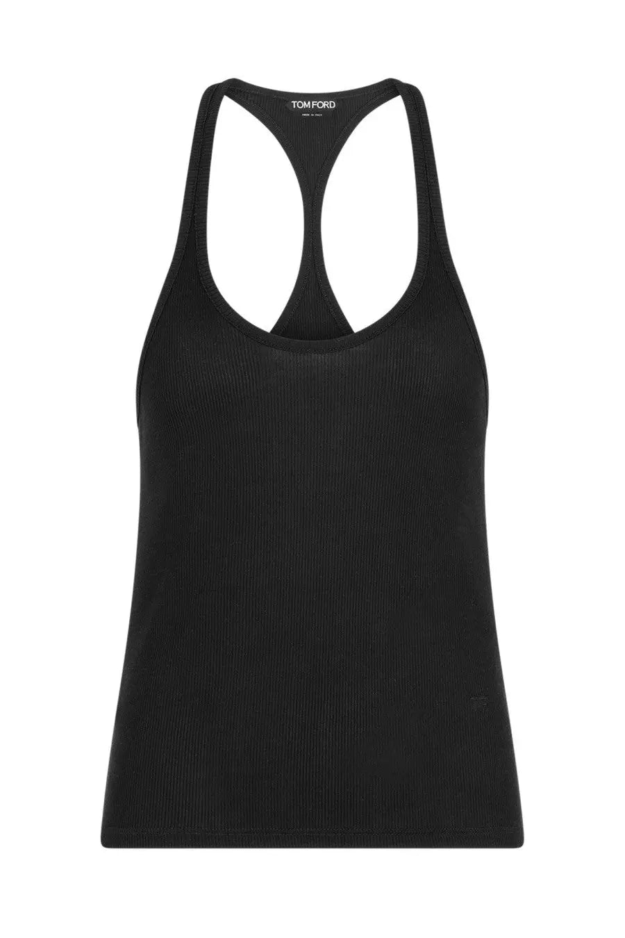 Black ribbed knit racerback tank top by tom ford showing back side in tom ford women’s tops black collection