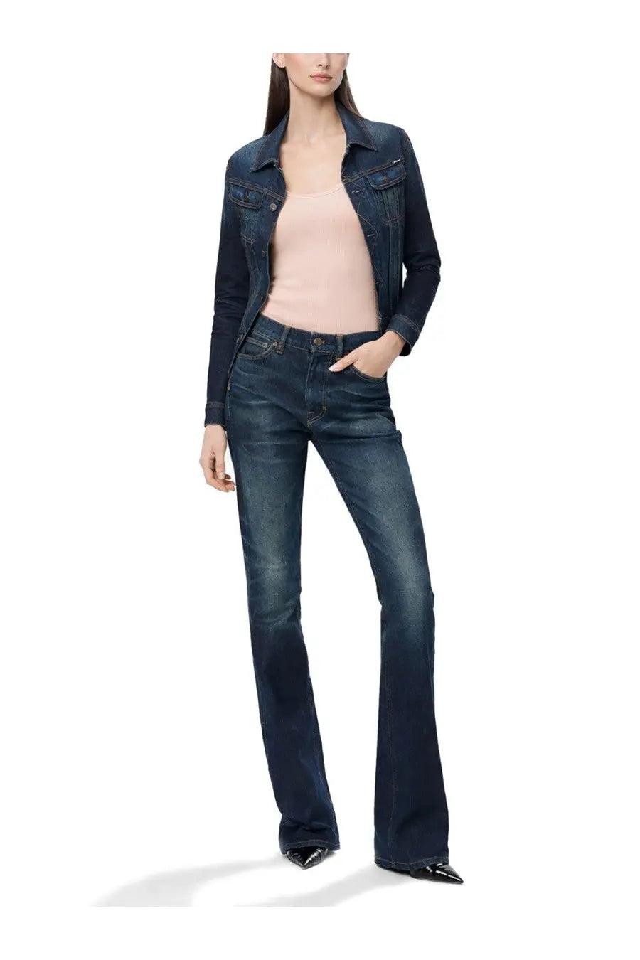 Tom ford women’s dark blue denim flare jeans with classic five-pocket design and subtle fading for worn-in look