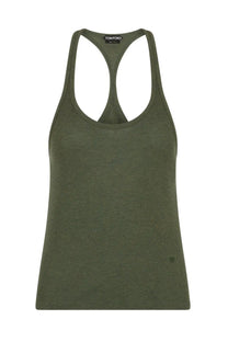 Olive green ribbed knit racerback tank top by tom ford shown from the back for womens casual wear