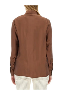 Tom Ford women’s brown twill shirt with subtle sheen satin fabric and rolled cuffs
