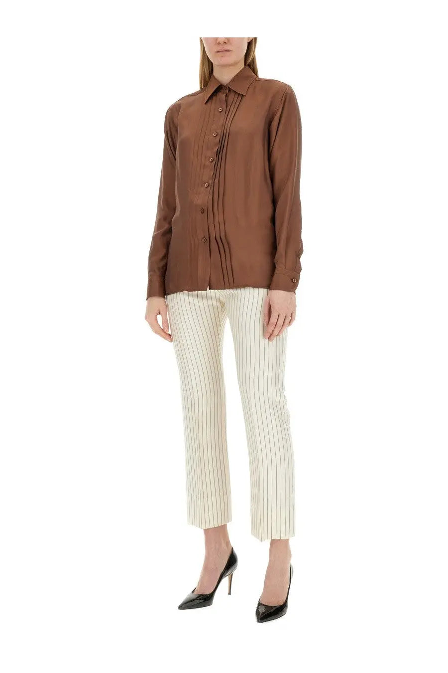 Tom Ford women’s brown satin button-down twill shirt with pleated front suitable for elegant occasions