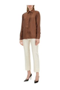 Tom Ford women’s brown satin button-down twill shirt with pleated front suitable for elegant occasions