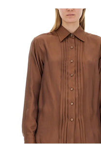 Tom Ford women’s twill shirt brown long-sleeved satin with classic collar and vertical pleats down the front