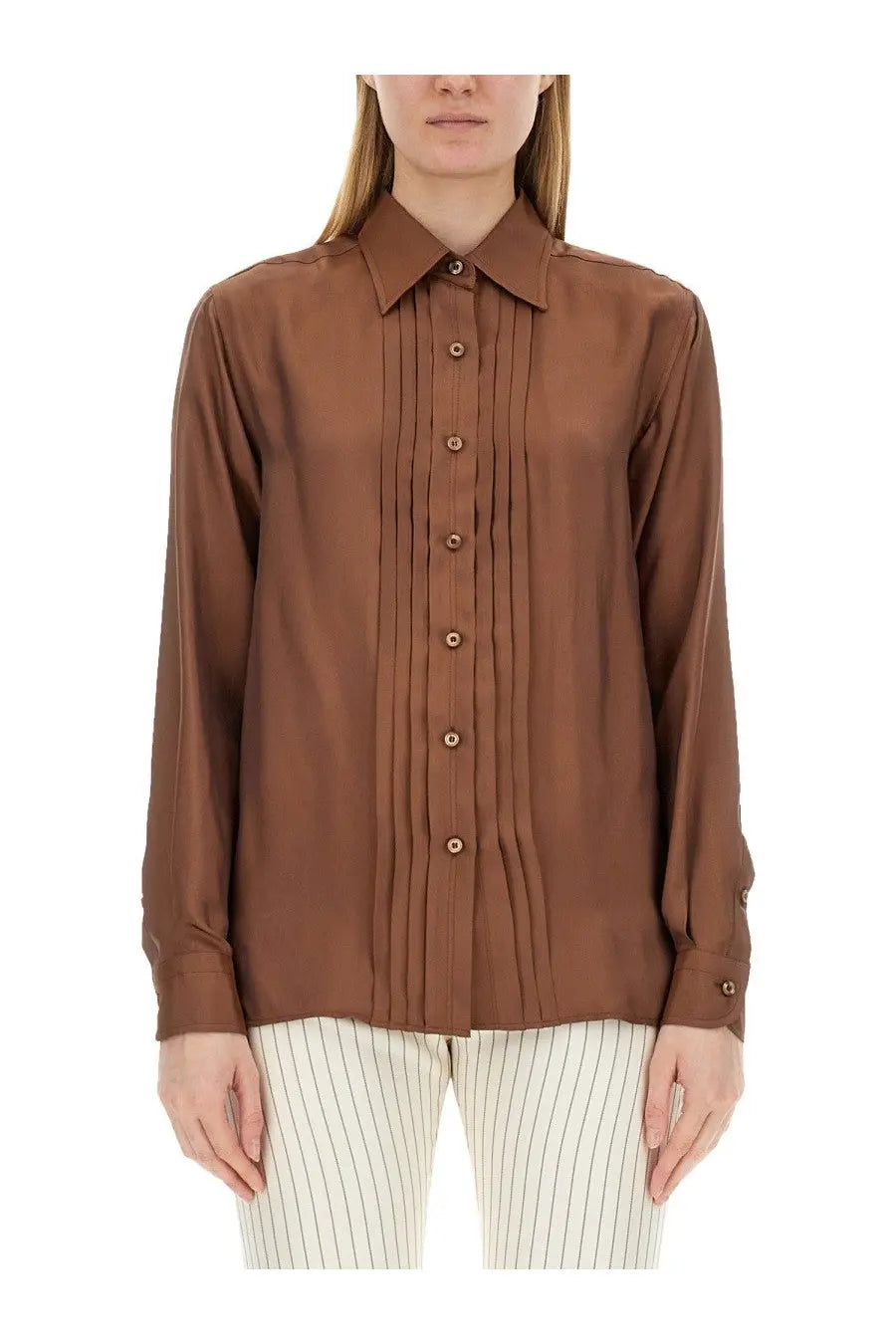 A sleek long-sleeved brown silk Tom Ford women’s twill shirt with a classic collar and front vertical pleats