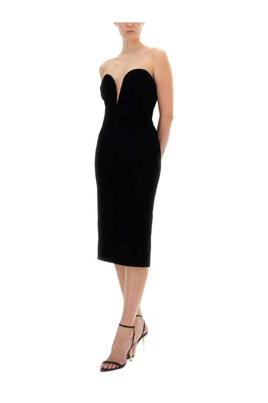 Tom Ford women’s black velvet strapless midi cocktail dress with fitted silhouette and sweetheart neckline