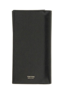 Tom Ford women’s vertical leather wallet in black featuring textured surface and gold-tone branding at the bottom