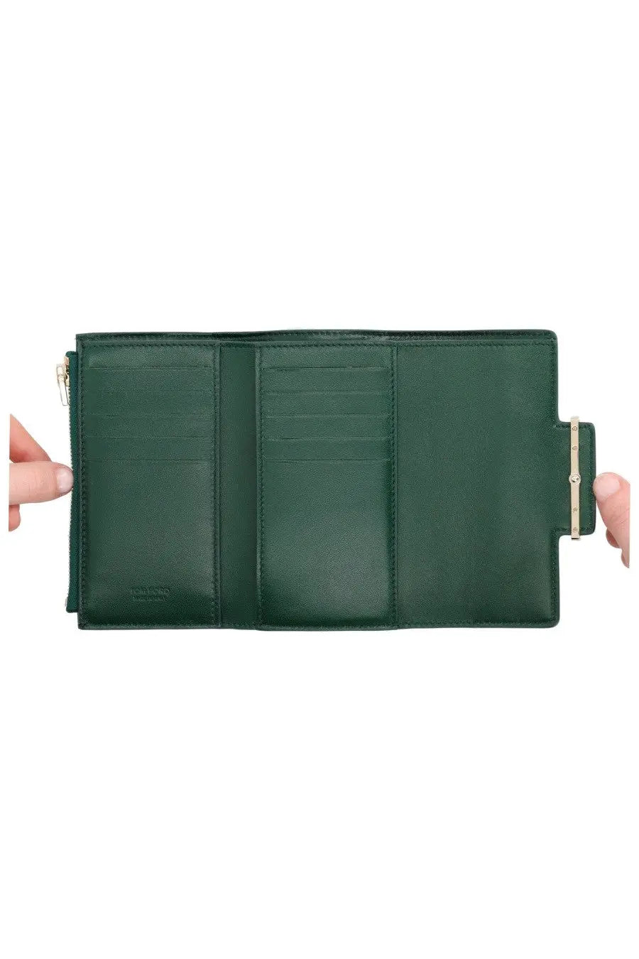 Dark green leather tri-fold tom ford women’s wallet with gold-tone zipper and clasp in aube green color