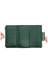 Dark green leather tri-fold tom ford women’s wallet with gold-tone zipper and clasp in aube green color