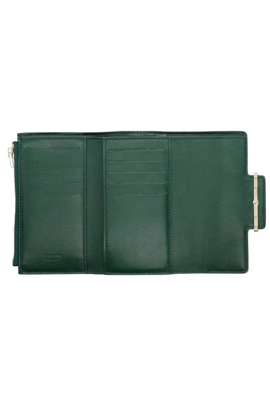 Deep green leather tom ford women’s wallet with gold-tone clasp and zipper in aube green color