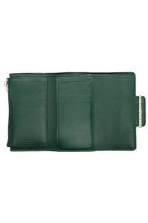 Deep green leather tom ford women’s wallet with gold-tone clasp and zipper in aube green color