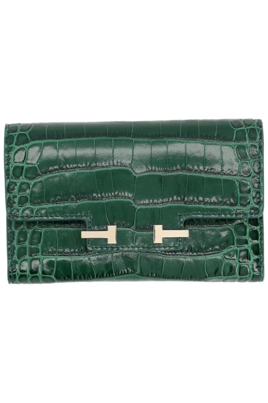 Tom Ford women’s wallet Aube green emerald green crocodile embossed leather clutch with silver tone T shaped clasp