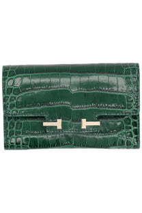 Tom Ford women’s wallet Aube green emerald green crocodile embossed leather clutch with silver tone T shaped clasp