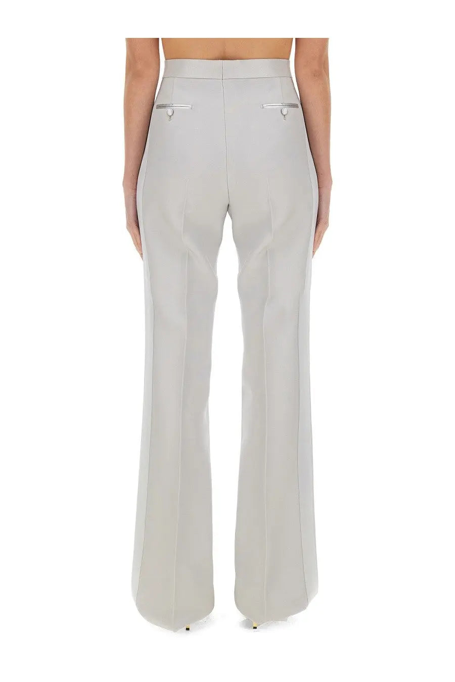 Tom Ford women’s light gray high-waisted trousers with straight-leg cut and metallic silver flap pockets