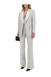 Tom ford women’s light gray tailored tuxedo suit with notched lapels and matching wide leg flared trousers