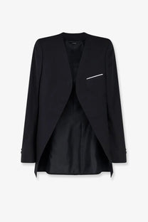 Tom Ford women’s black wool and silk blazer with sleek modern cut and subtle white contrast stitching on pocket