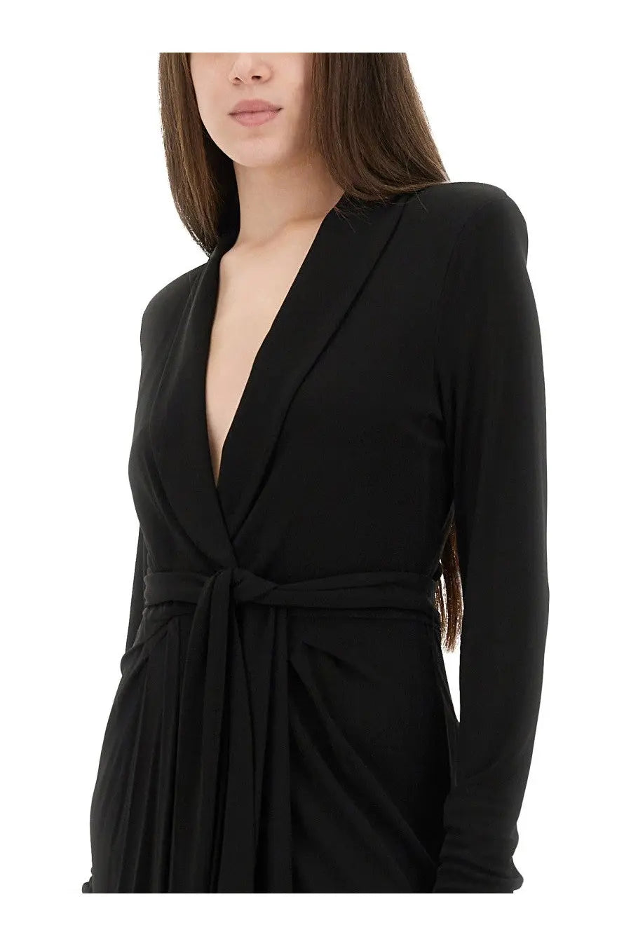 Tom Ford women’s black long-sleeved wrap dress with deep v-neckline and matching self-tie belt