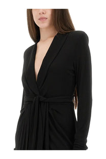 Tom Ford women’s black long-sleeved wrap dress with deep v-neckline and matching self-tie belt