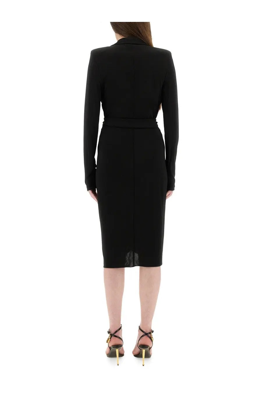Tom Ford women’s black wrap dress with long sleeves, structured collar, and cinched waist in fitted midi style
