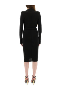 Tom Ford women’s black wrap dress with long sleeves, structured collar, and cinched waist in fitted midi style