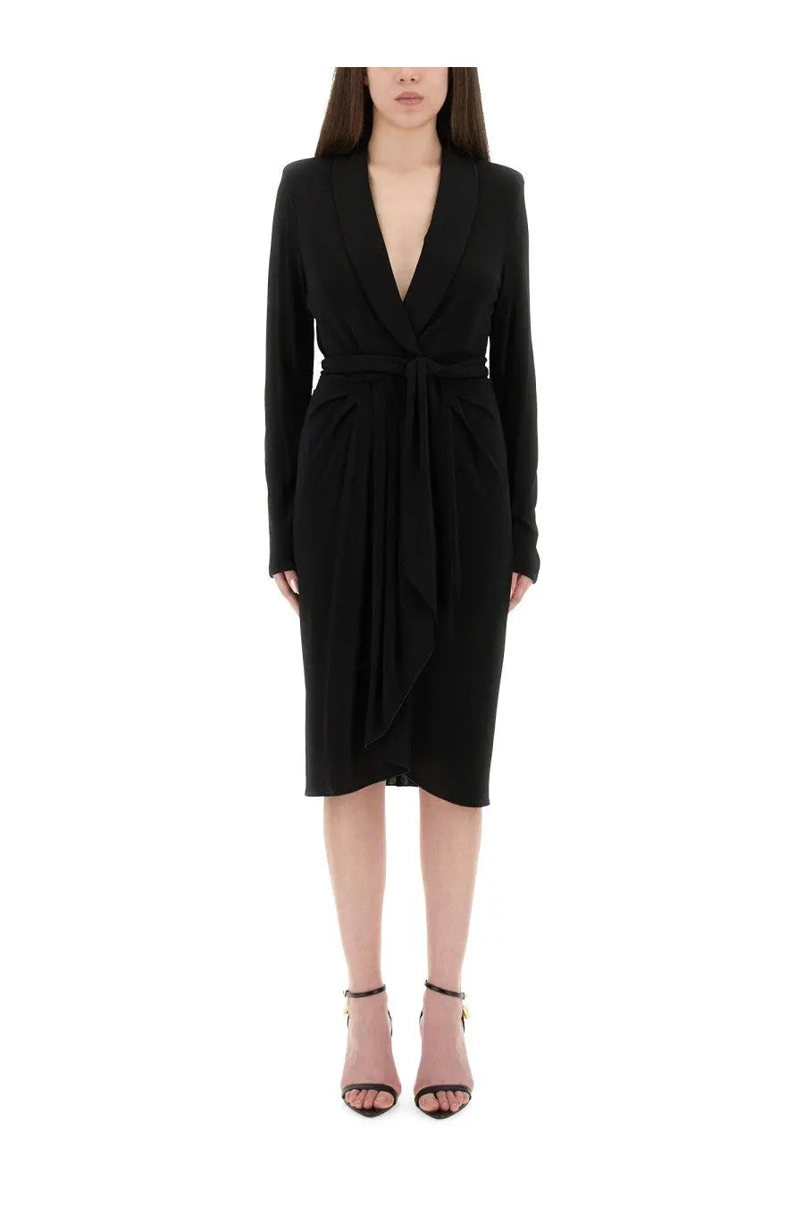 Tom Ford women’s black wrap dress with long sleeves and belted waist in elegant fabric for formal occasions