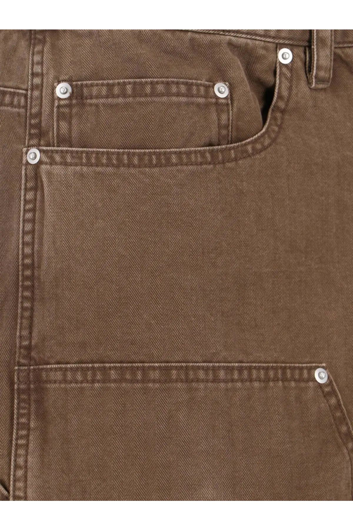Tonywack men’s brown denim cargo shorts with herringbone weave cotton fabric and silver-toned button fastenings