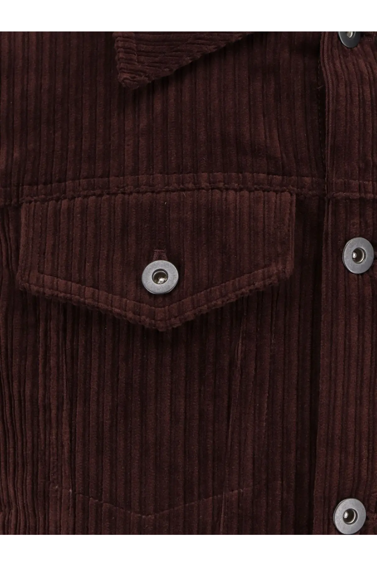 Tonywack men’s dark brown corduroy jacket with silver toned snap buttons in a casual style