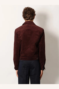 Tonywack men’s rich burgundy corduroy jacket with classic collar and buttoned cuffs in red color