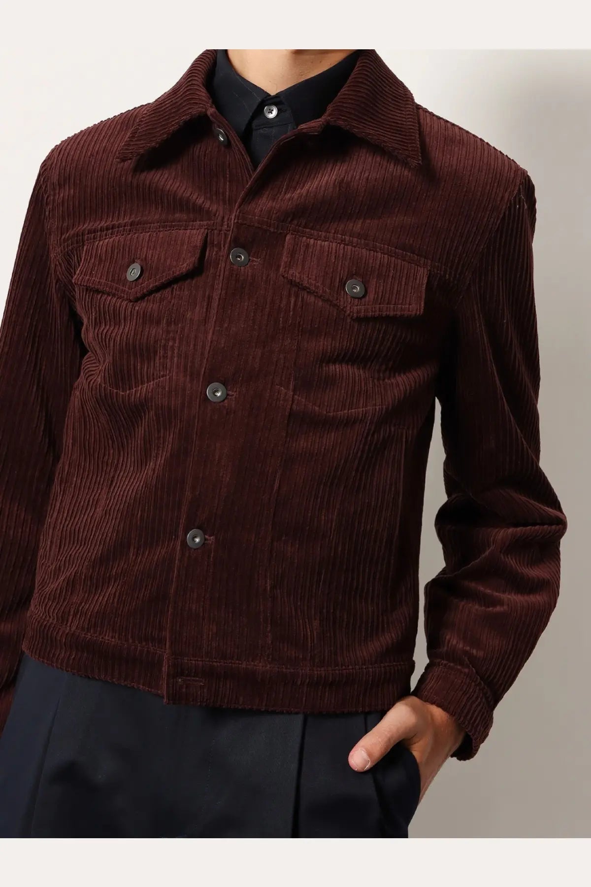 Tonywack men’s red corduroy jacket with classic collar dark metallic buttons and two front chest pockets