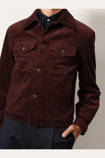 Tonywack men’s red corduroy jacket with classic collar dark metallic buttons and two front chest pockets