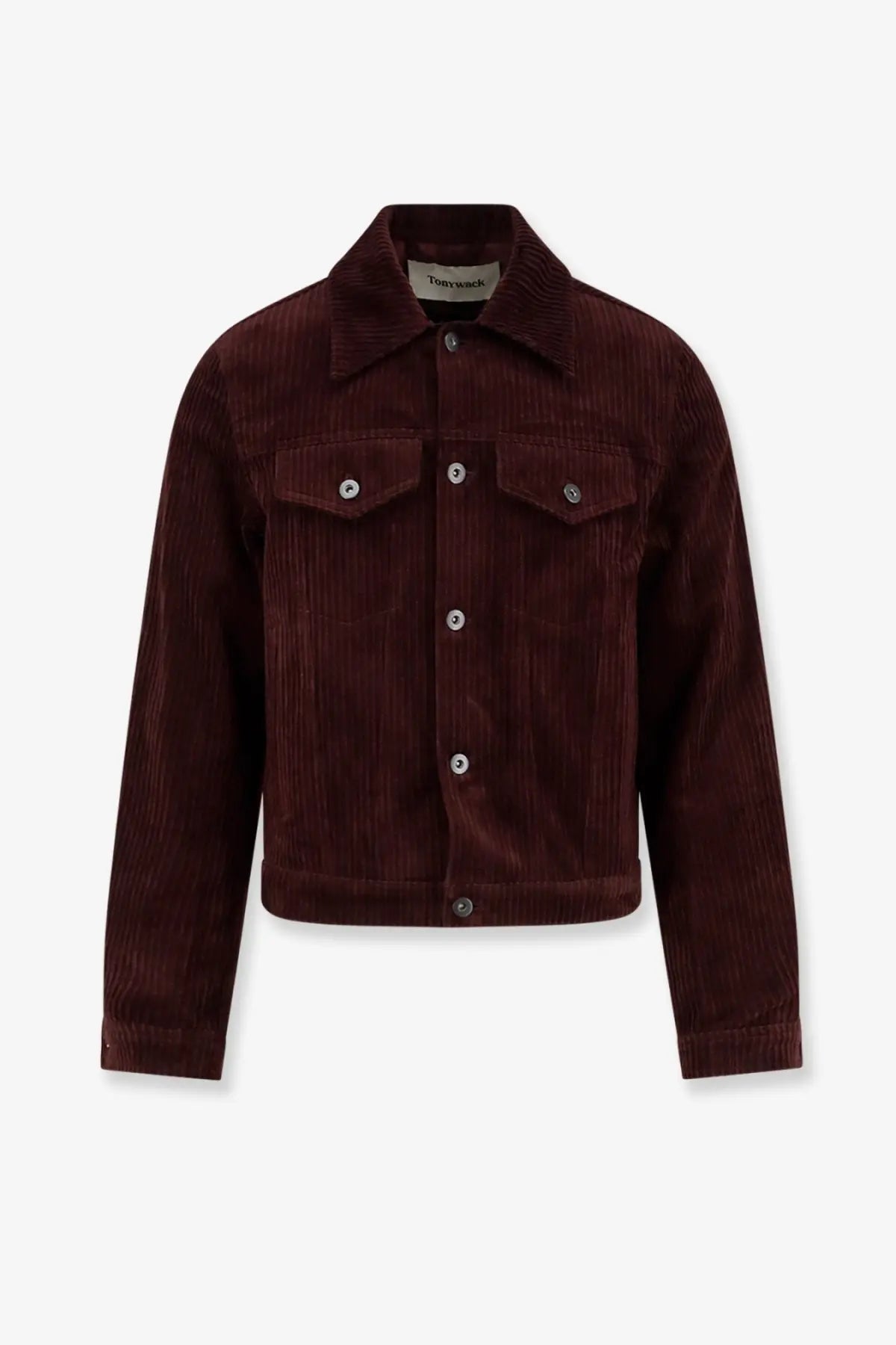 Tonywack men’s corduroy jacket in rich burgundy with classic collar chest pockets and silver buttons