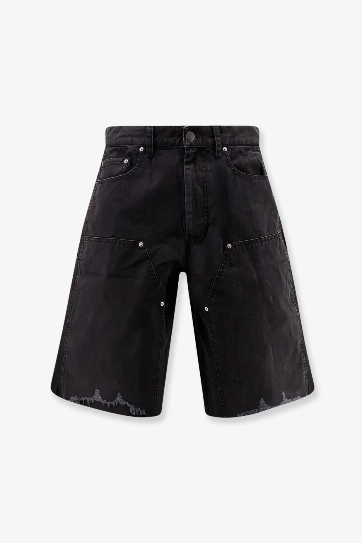 Tonywack men’s black cotton cargo bermuda shorts with distressed hems and silver rivets