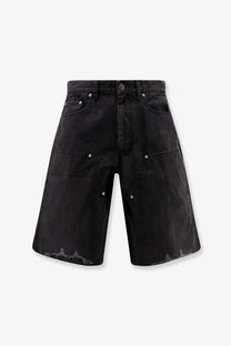 Tonywack men’s black cotton cargo bermuda shorts with distressed hems and silver rivets
