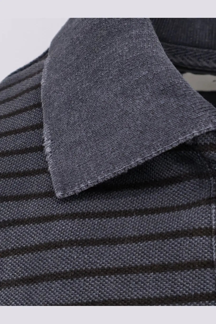 Tonywack men’s cotton polo shirt black with dark gray ribbed knit, textured collar, and horizontal stripe pattern