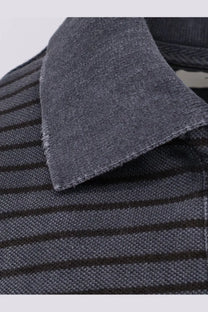 Tonywack men’s cotton polo shirt black with dark gray ribbed knit, textured collar, and horizontal stripe pattern