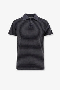 Tonywack men’s cotton polo shirt in black with dark gray stripes textured fabric and contrasting collar