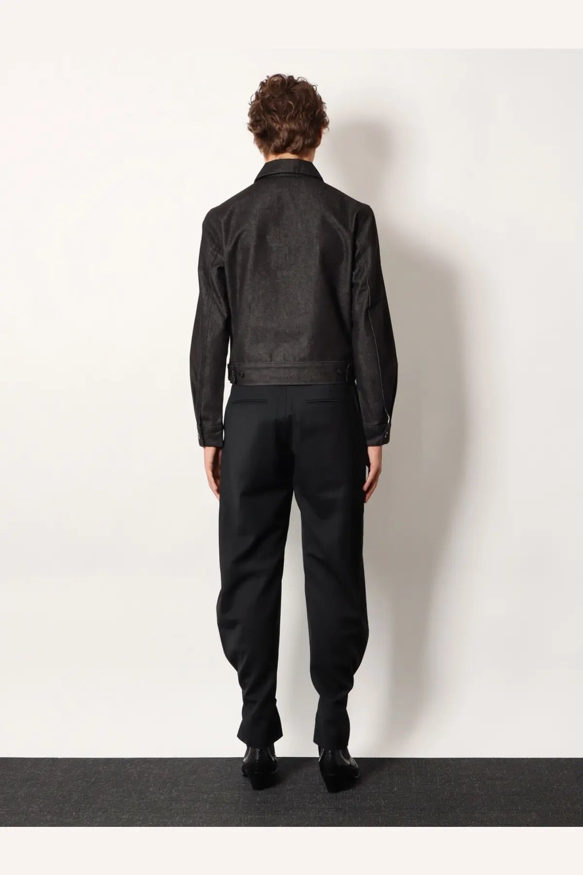 Black leather jacket with classic collar and subtle stitching details in tonywack men’s denim jacket grey product image