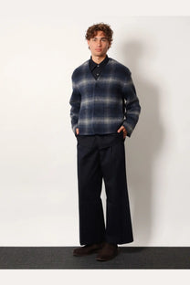 Tonywack men’s Italian fabric blazer in navy and gray plaid wool with a button-front design