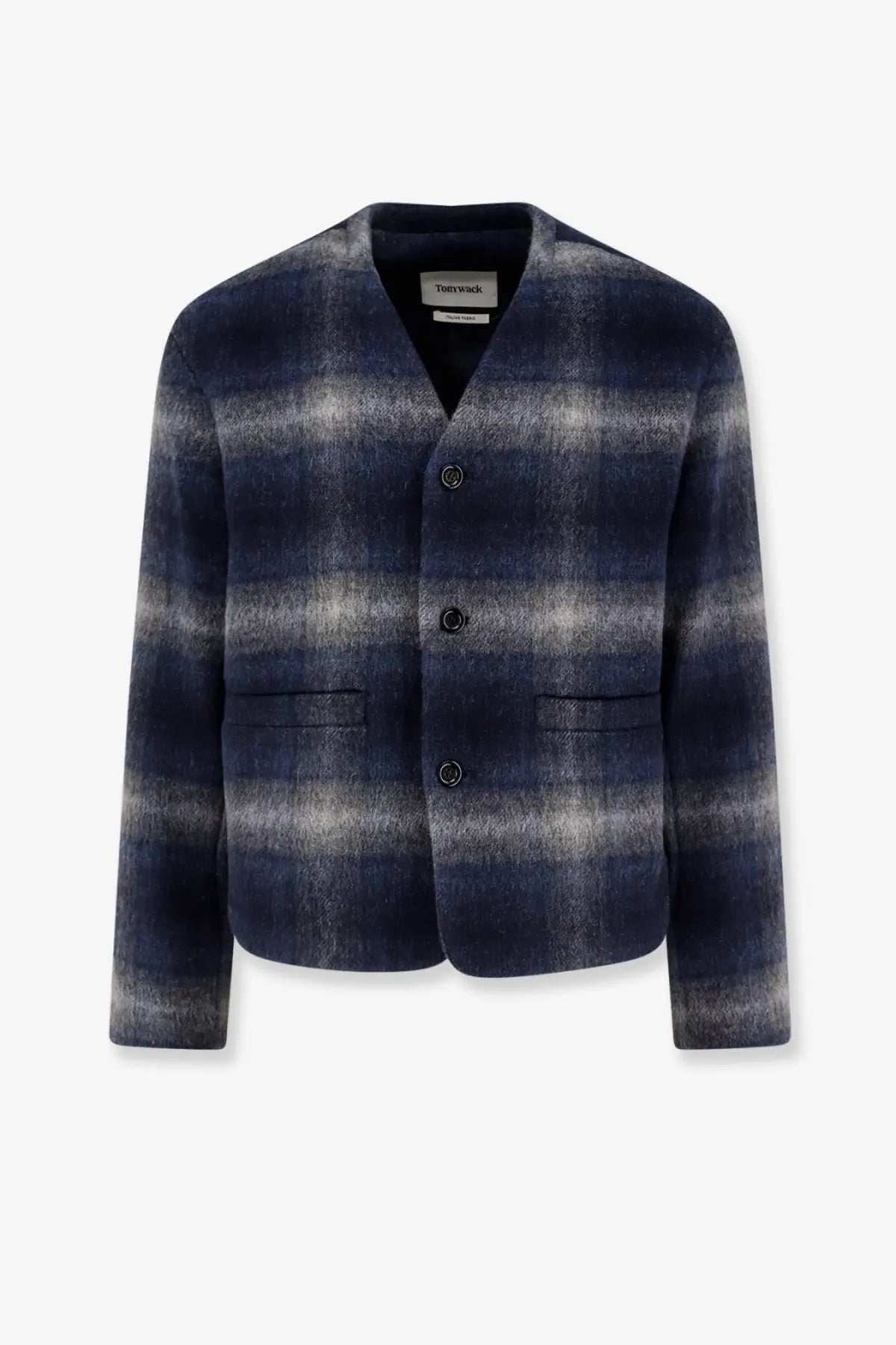 Tonywack men’s italian fabric blazer in navy and gray plaid wool with v-neck three buttons and front pockets