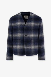 Tonywack men’s italian fabric blazer in navy and gray plaid wool with v-neck three buttons and front pockets