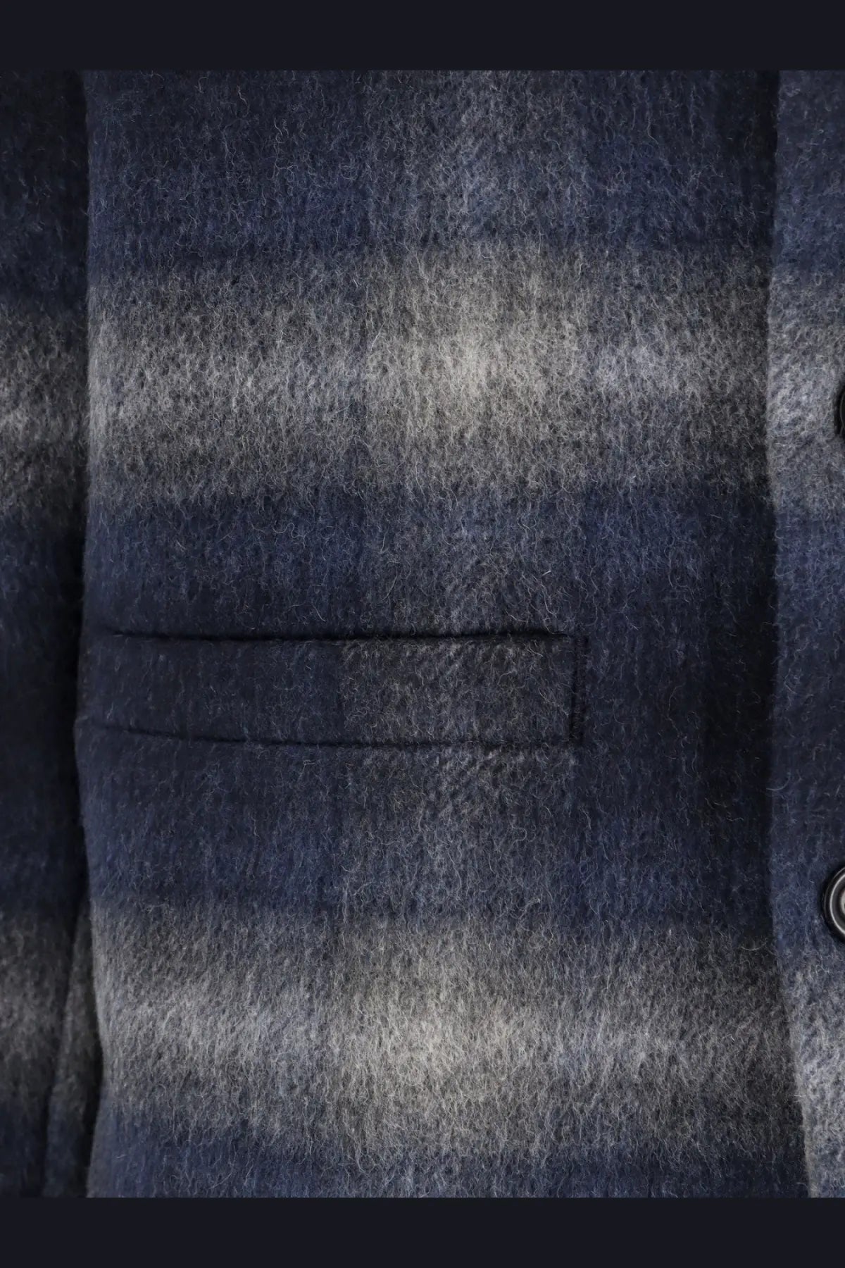 Tonywack men’s Italian fabric blazer in navy blue and gray plaid wool with textured slightly fuzzy fabric